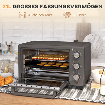 HOMCOM Minibackofen, 21 L Toasterofen mit 1 Drahtgestell und 1 Backblech, 3 Kochmodi, 100 °C-230 °C, Edelstahl, Glas, Grau