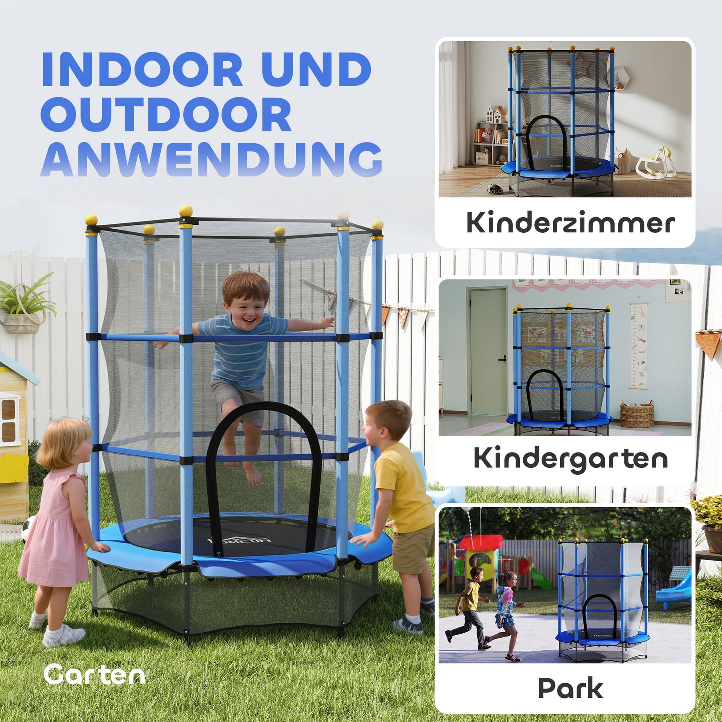 HOMCOM Trampolin für Kinder, Ø140 cm, mit Sicherheitsnetz, für innen und außen, Stahl, Kunststoff, belastbar bis 50 kg, Blau
