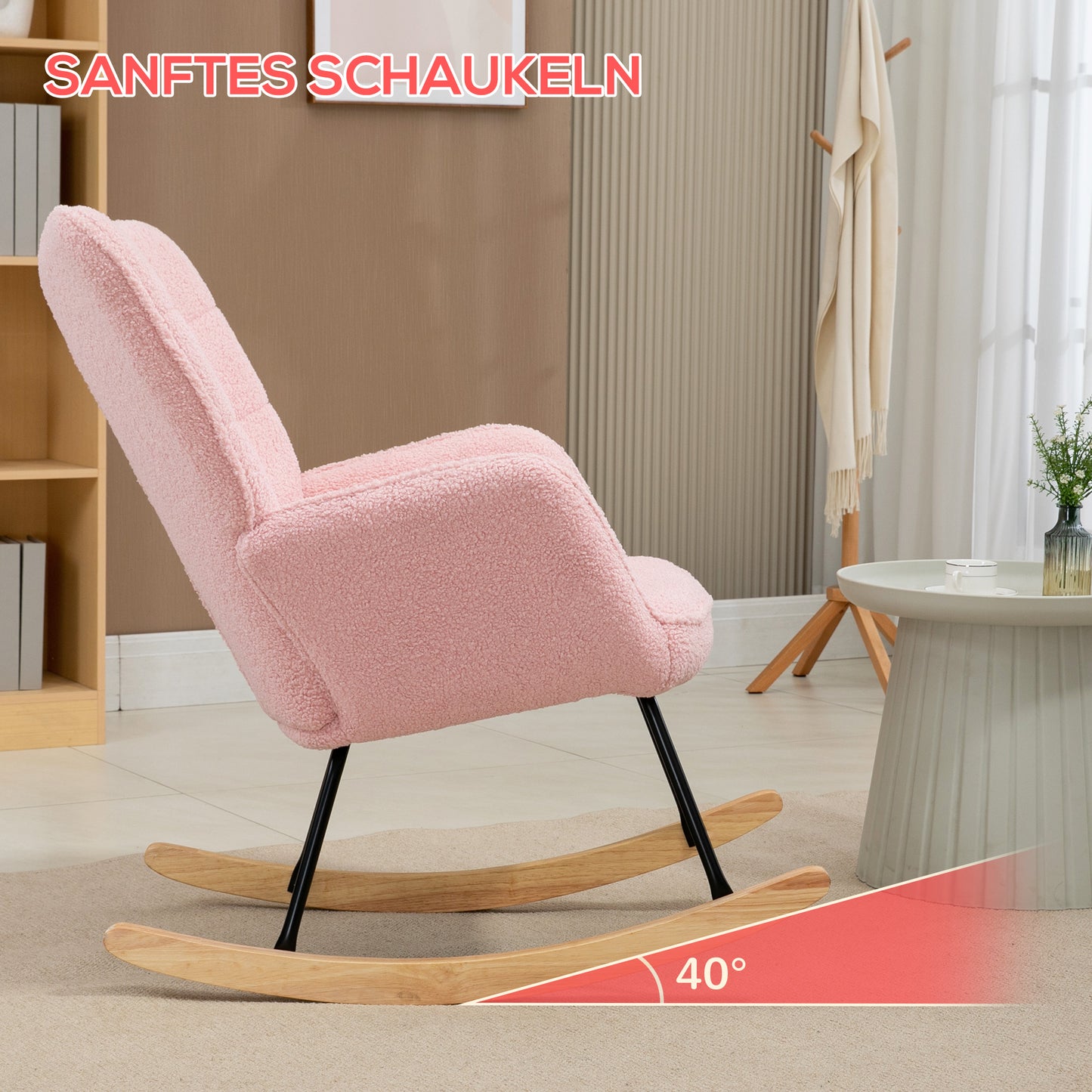 HOMCOM Schaukelstuhl im Retro-Design, Massivholz, Sessel, Relaxsessel, 98 cm x 71 cm x 101 cm, Rosa