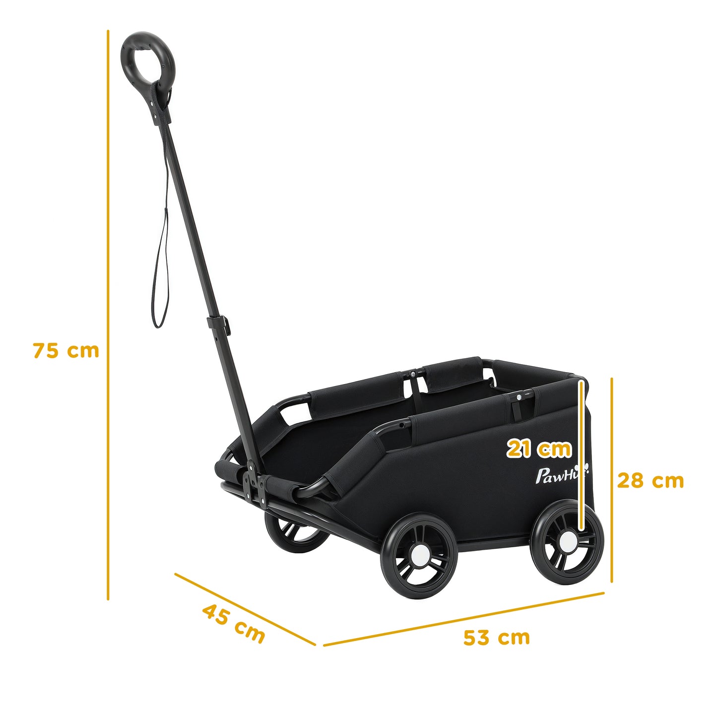 PawHut Hundewagen, klappbarer Hundebuggy für Zwergenhunde bis zu 4 kg, zusammenklappbarer Katzenbuggy mit Griffstange, waschbarem Kissen, Sicherheitsleinen, Aufbewahrungstasche, 4 Räder, Schwarz