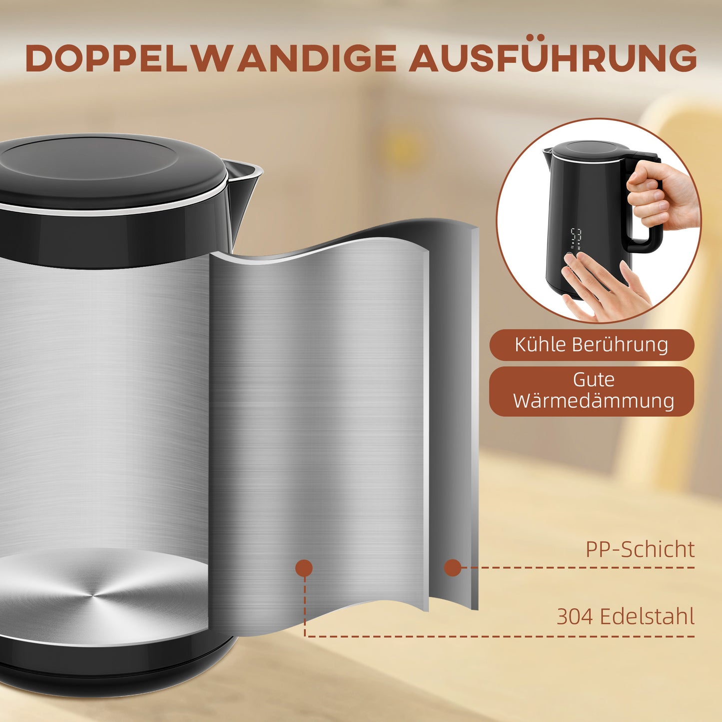 HOMCOM Küchenset mit Wasserkocher und Toaster, 7 Bräunungsstufen, schnelles Kochen, Edelstahl, Kunststoff, Schwarz