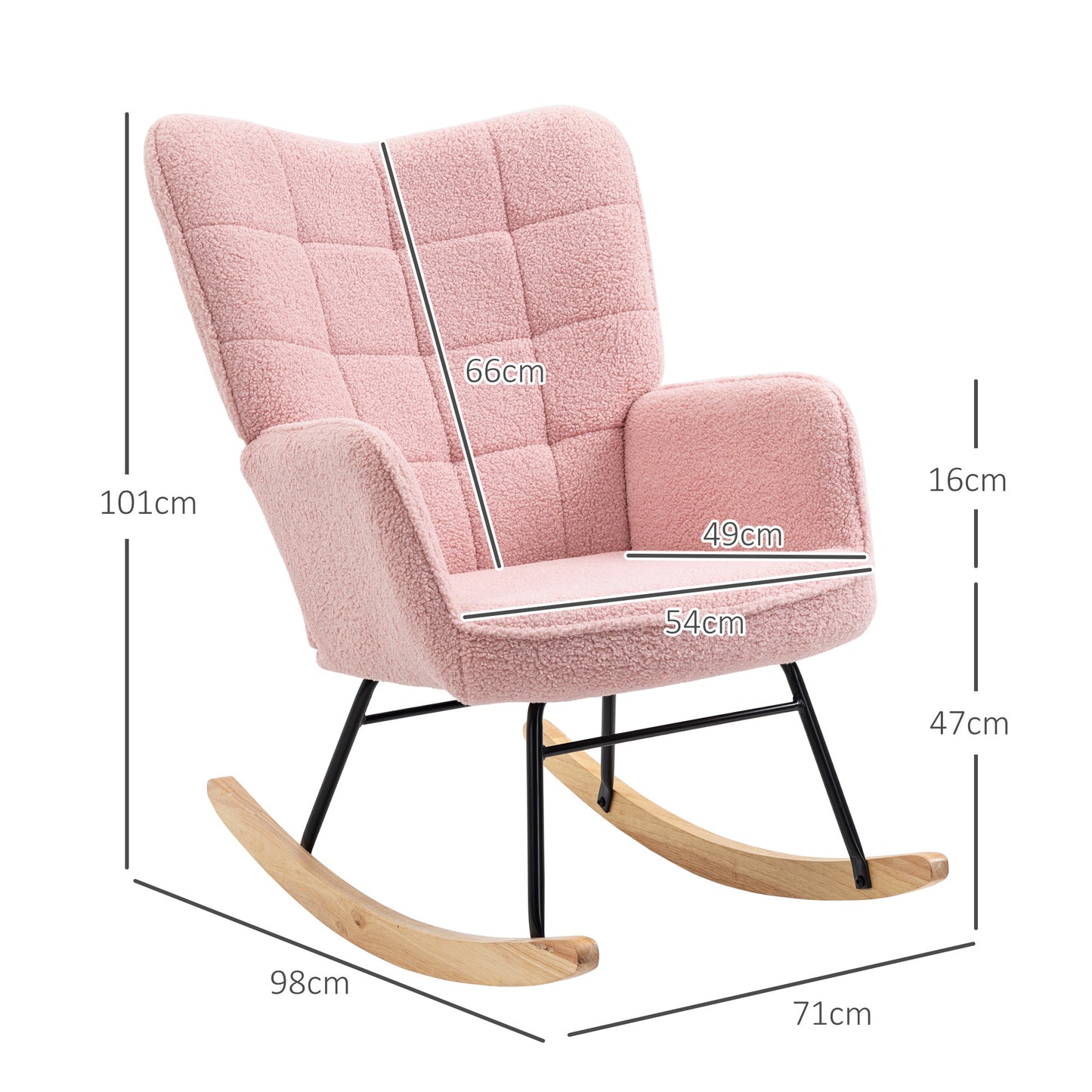 HOMCOM Schaukelstuhl im Retro-Design, Massivholz, Sessel, Relaxsessel, 98 cm x 71 cm x 101 cm, Rosa