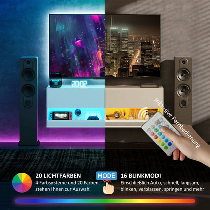 HOMCOM TV-Hängeschrank mit LED-Beleuchtung, 16 Blinkmodi, Wandmontierter TV-Schrank, Offene Regale, 120 x 35 x 40,5 cm, Weiß