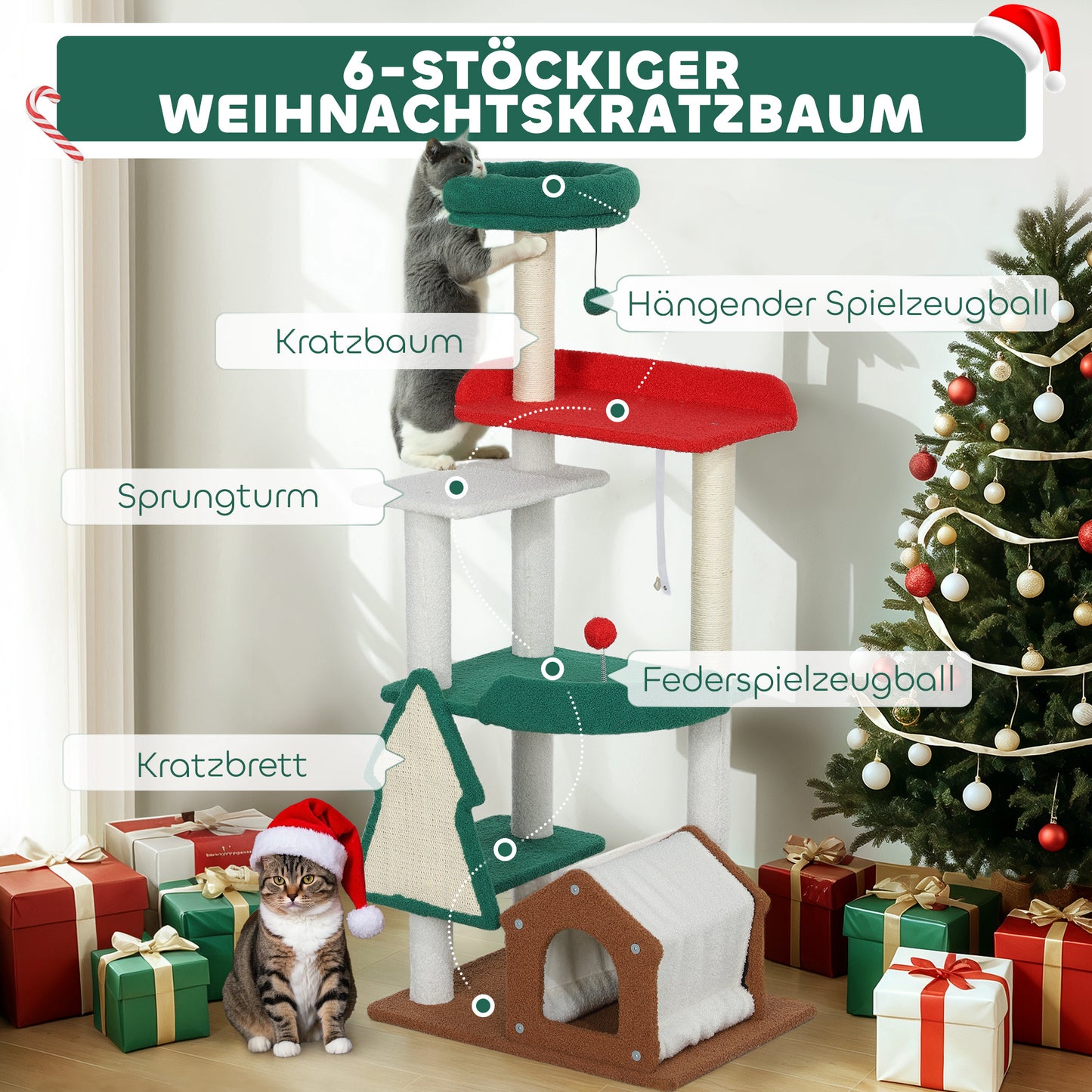 PawHut 135 cm Katzenkratzbaum i Weihnachtsfarben mit Katzenbett, Katzenhaus, Kratzpfosten, Sprungplattformen, Spielzeugbällen