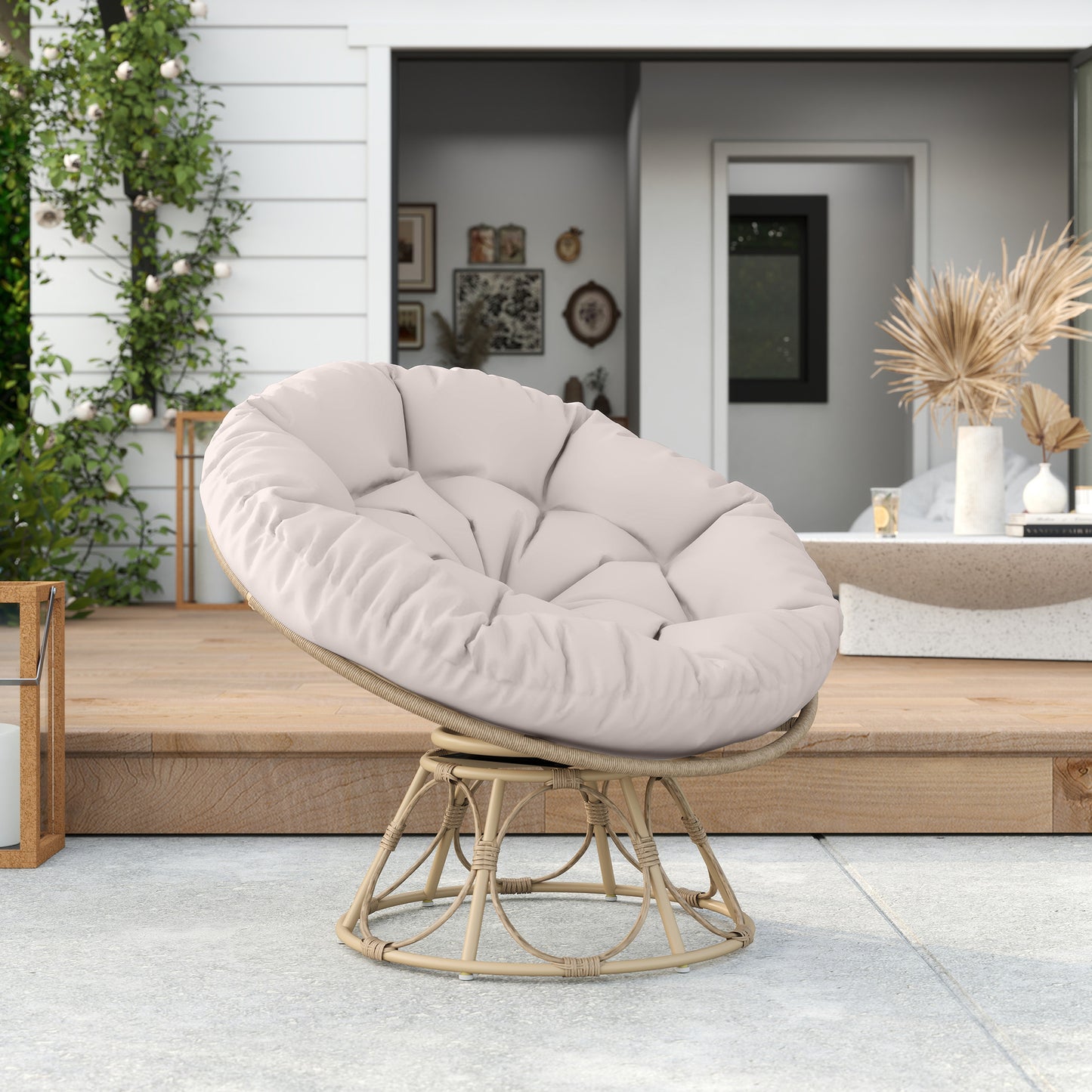 Outsunny Papasansessel Rattan 360° drehbar Korbsessel mit Sitzkissen runder Outdoor
