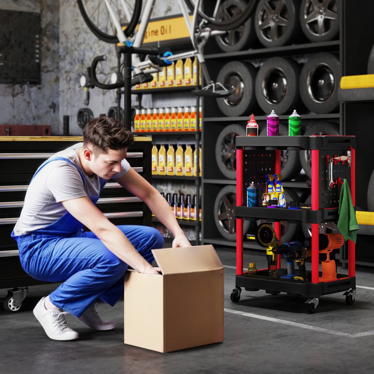 HOMCOM Werkzeugwagen, dreistufige Regale, 4 Räder, Kunststoff, 10 Haken, Rot