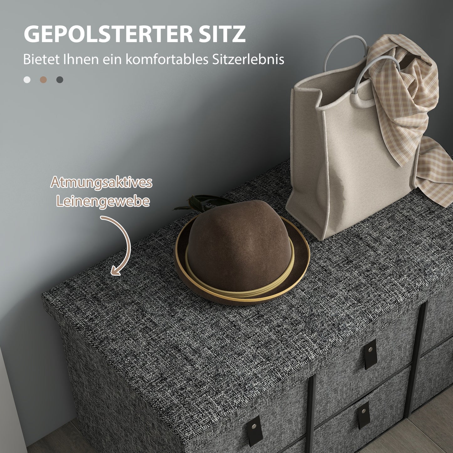 HOMCOM Gepolsterte Schuhbank, 6 Schuhfächer, MDF-Rahmen, Leinenoptik, Grau