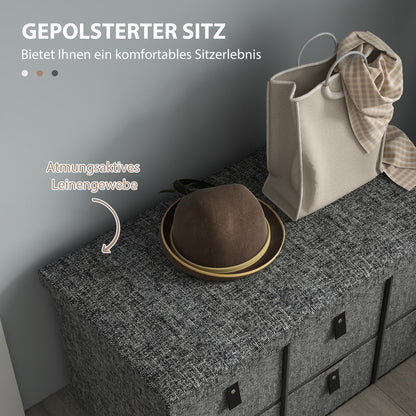 HOMCOM Gepolsterte Schuhbank, 6 Schuhfächer, MDF-Rahmen, Leinenoptik, Grau