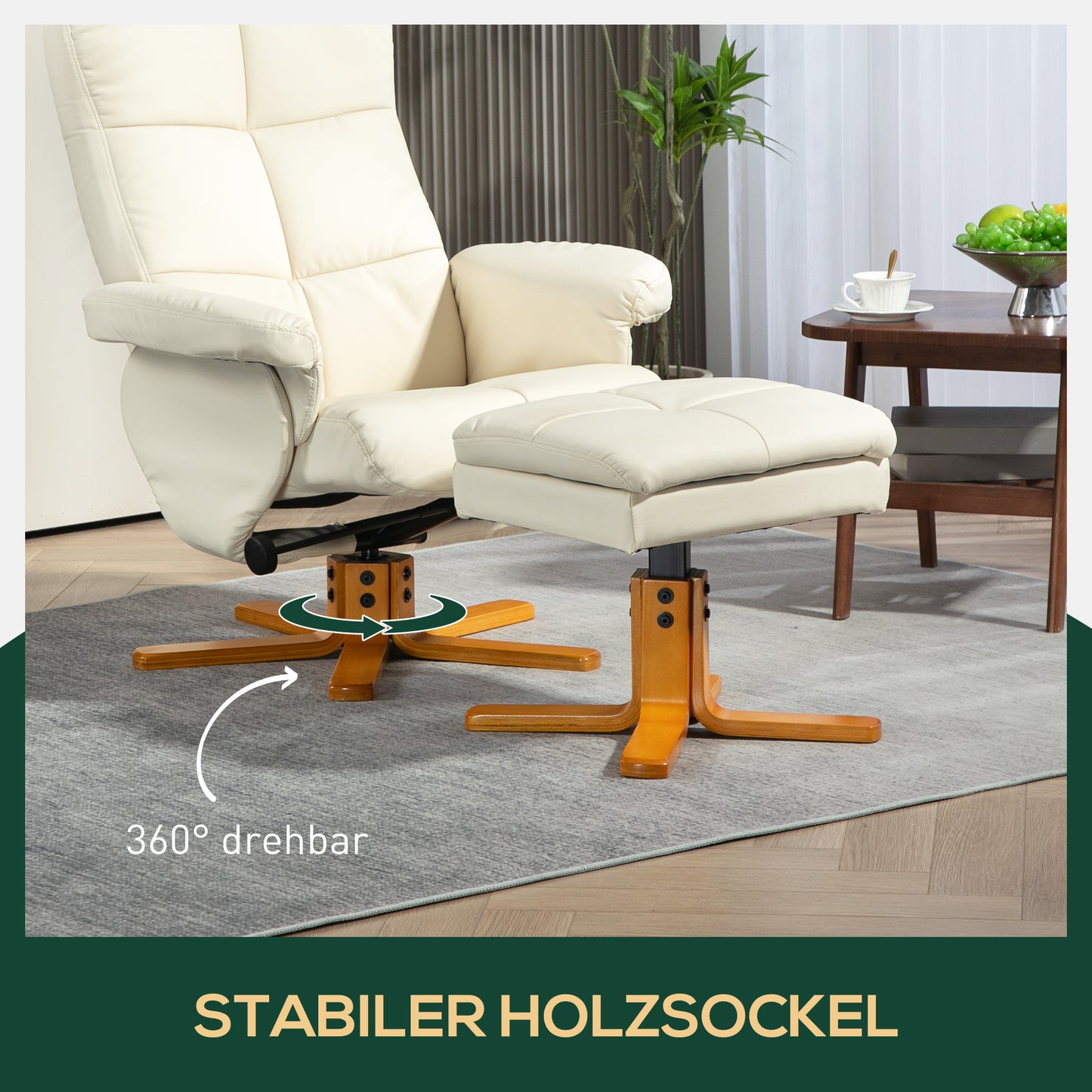 HOMCOM Relaxsessel mit Hocker, 145° neigbare Rückenlehne, 360° drehbar, Kunstleder, Cremeweiß