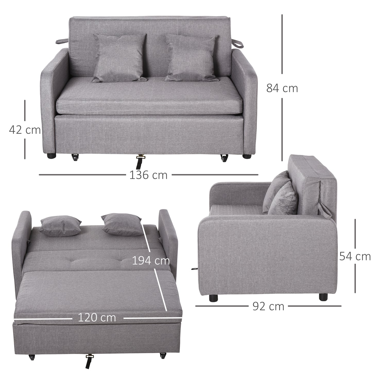 HOMCOM Schlafsofa für 2 Personen, mit Stauraum, leichter Umbau, flexibles Design, Grau