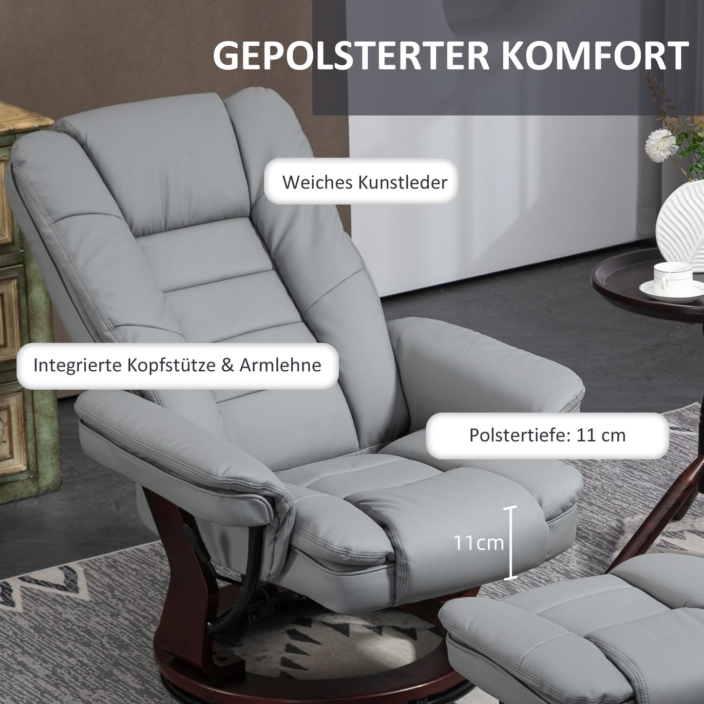 HOMCOM Relaxsessel mit Hocker, Liegesessel, drehbar, neigbare Lehne, Lederoptik, bis 130 kg, Grau