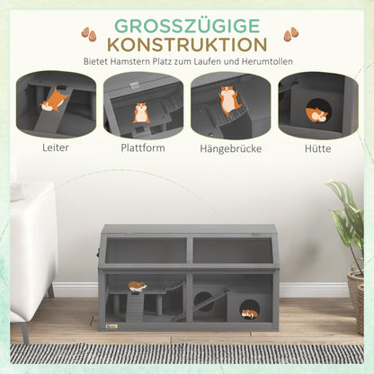 PawHut Hamsterkäfig, Kleintierkäfig aus Holz, Hängebrücke, Leitern, Hütte, 84 x 45 x 44 cm, för Zwerghamster, Grau