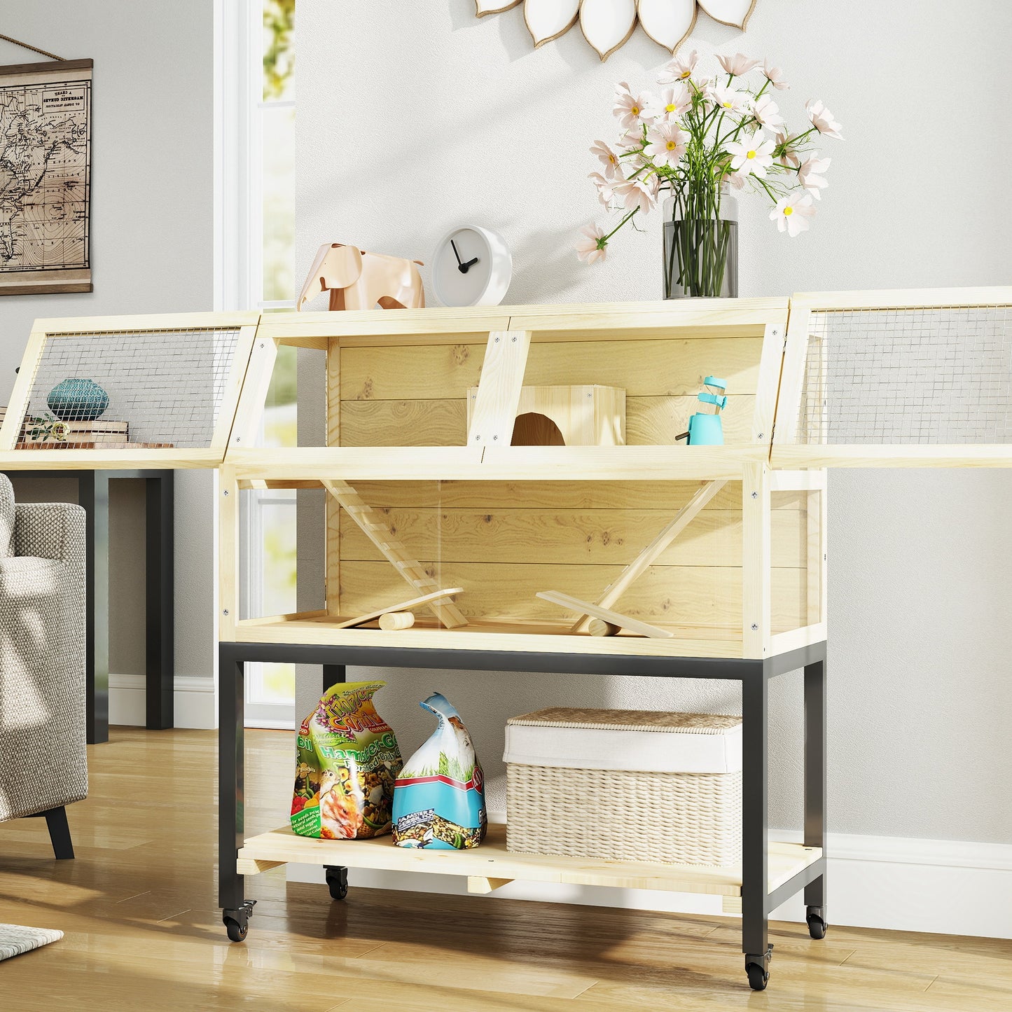 PawHut Zwerghamsterkäfig aus Holz mit Ablagefach, Rädern, Rampen, Wasserflasche, Hütte, Wippen, 87 x 43 x 101cm