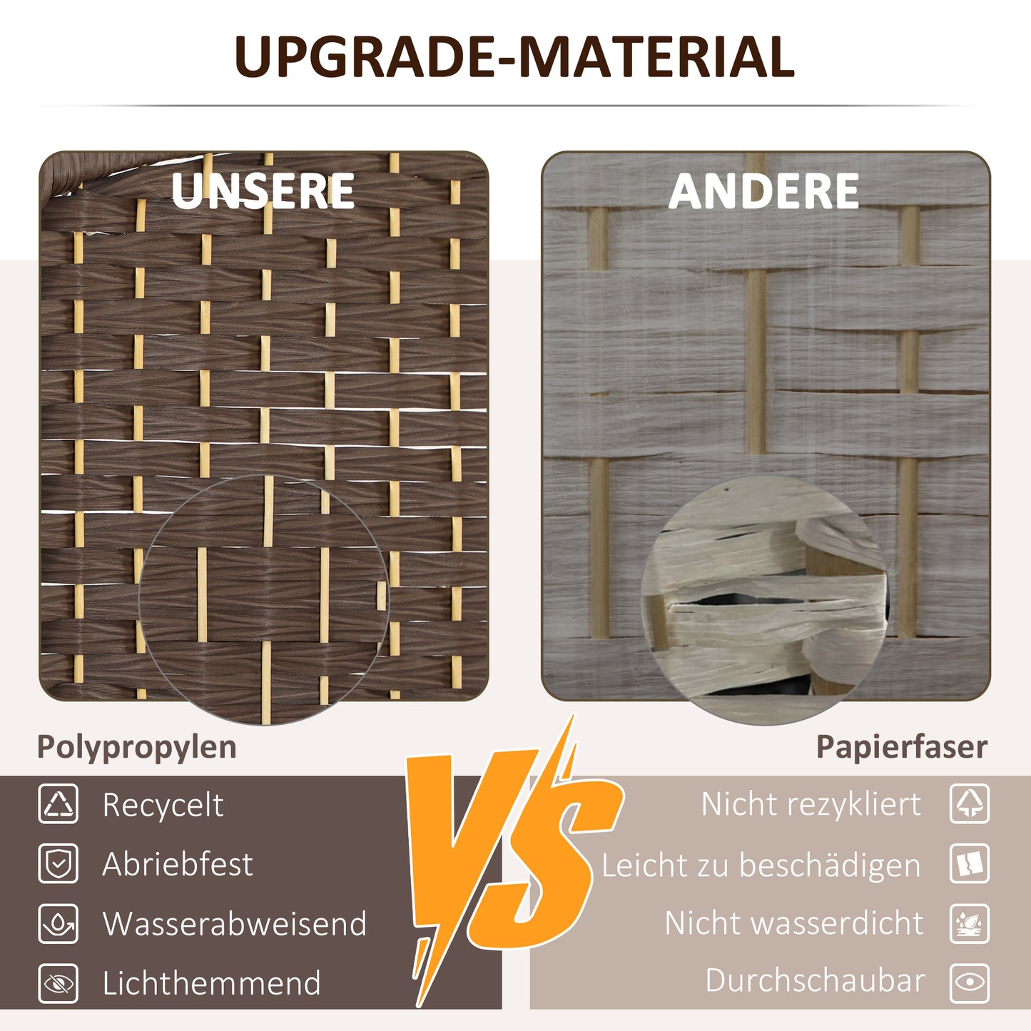 HOMCOM Raumteiler, 3-teilig faltbare Trennwand, Geflechtmuster, Kiefernholz, Braun