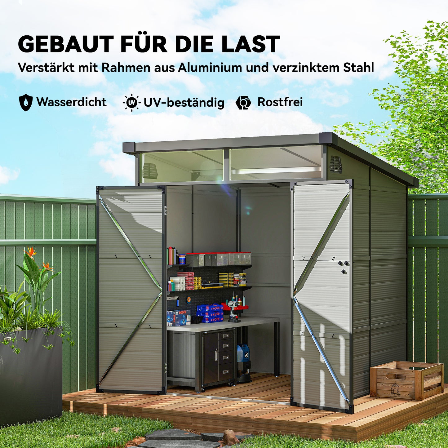 Outsunny 1,9 x 1,9 m Gartenschuppen, Werkzeugschuppen aus Kunststoff , verschließbare Türen, 2 Lüftungsöffnungen, Hellgrau