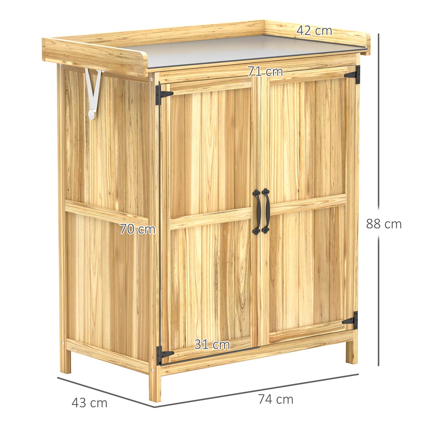 Outsunny Gartenschrank, Werkzeugschrank für den Außenbereich, mit Arbeitsfläche, Holz und Edelstahl, Doppeltüren, Naturholz