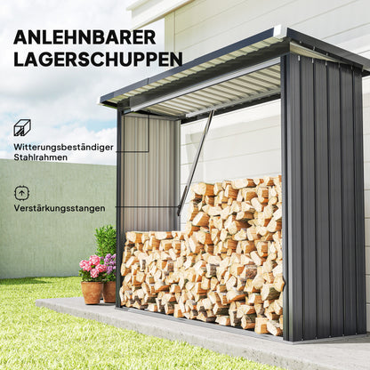 Outsunny Brennholzschuppen, Feuerholzunterstand, Stahl, erhöhter Boden, Schrägdach, 213 x 66,5 x 150 cm, Dunkelgrau