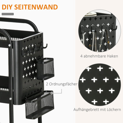 HOMCOM Küchentrolley mit Lochtafel, Handtuchhalter, Aufbewahrungskörbe, Schwarz