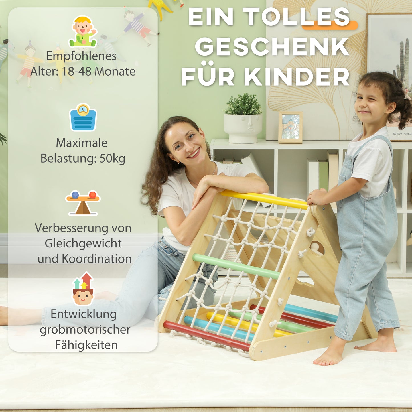 AIYAPLAY Klettergerüst, 4-in-1, mit Leiter, Seilleiter, Rutsche, Kletterwand, Indoor, für Kinder 1,5 bis 4 Jahre