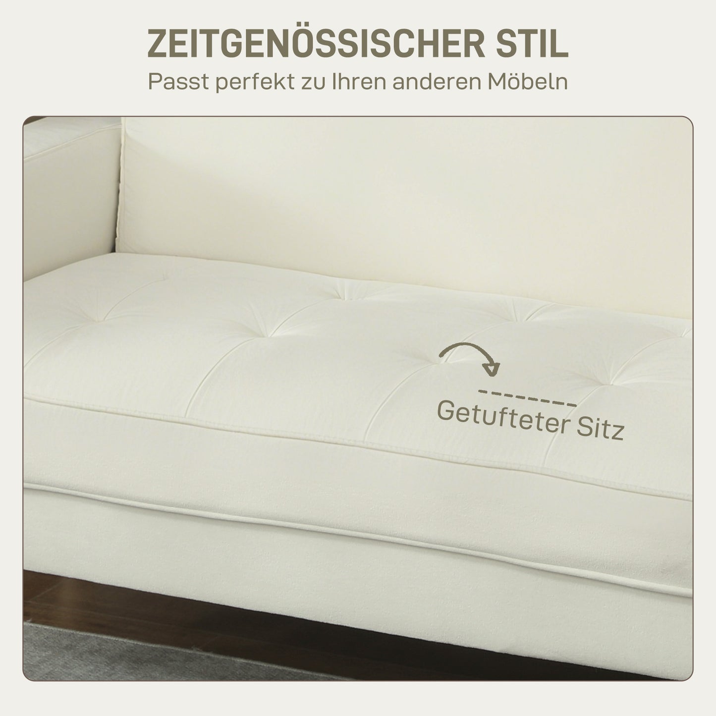 HOMCOM 2-Sitzer-Sofa, Doppelsitzsofa mit Kautschukholzbeinen, Polstersofa für Wohnzimmer, Schlafzimmer, Cremeweiß