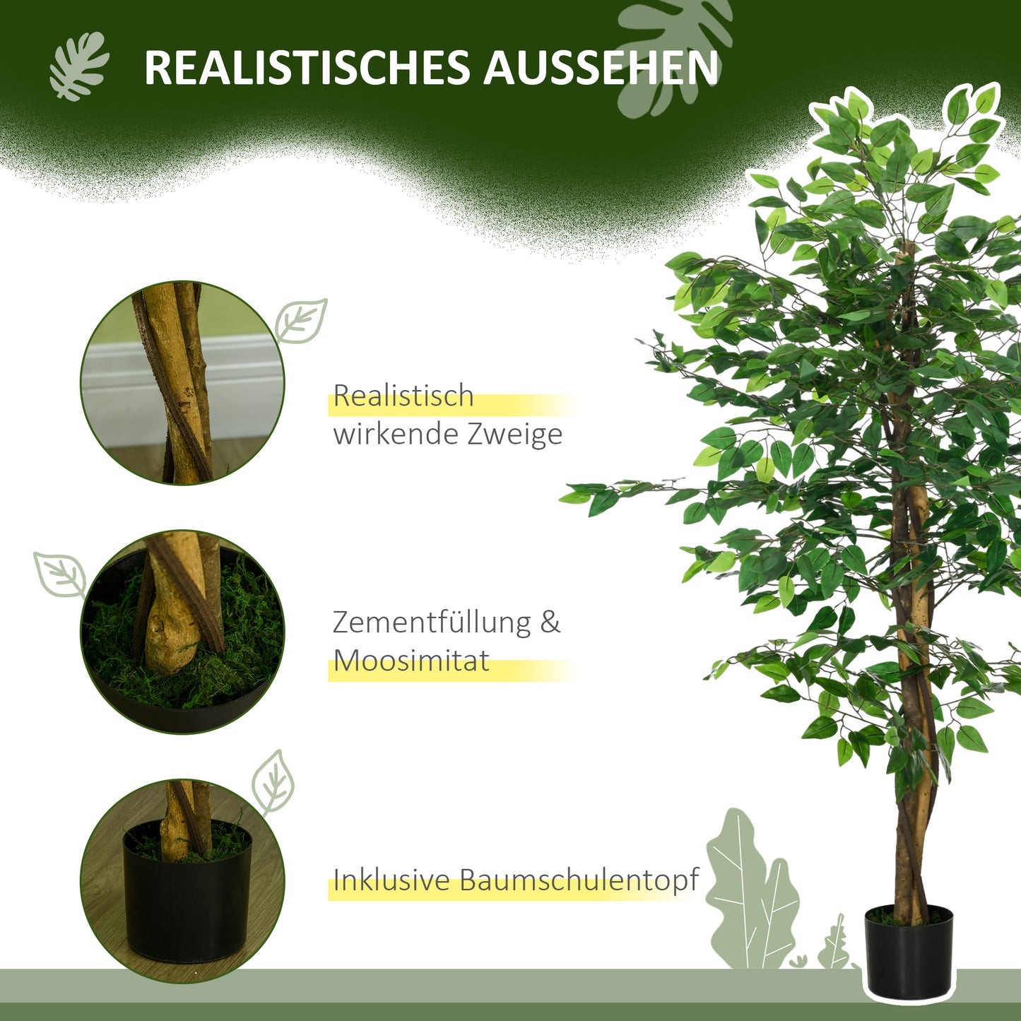 HOMCOM Ficusbaum Kunstpflanze, naturgetreu, 150 cm hoch, mit Topf, Grün