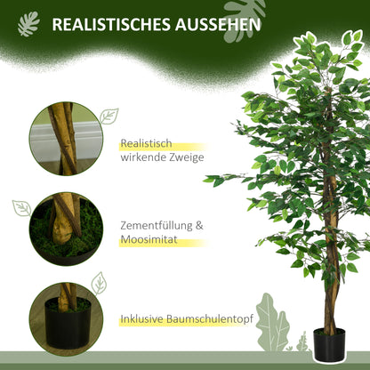 HOMCOM Ficusbaum Kunstpflanze, naturgetreu, 150 cm hoch, mit Topf, Grün