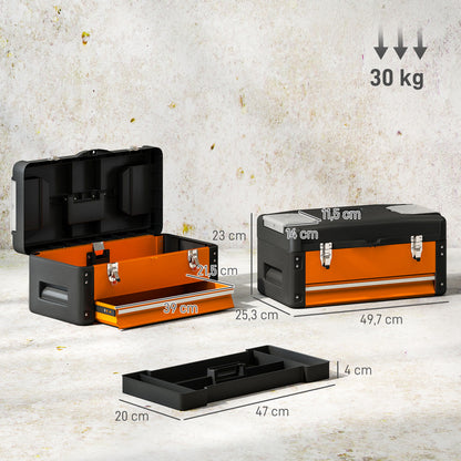 HOMCOM Werkzeugkiste leer, 49,7 x 25,3 x 23 cm Werkzeugkasten mit Schublade, Mini-Box Stahl Orange