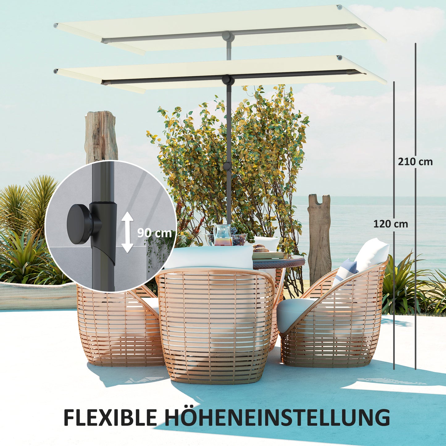 Outsunny Sonnenschirm 180 Grad drehbar Höhenverstellbar Gartenschirm mit Aluminium-Mast 150x205cm Beige