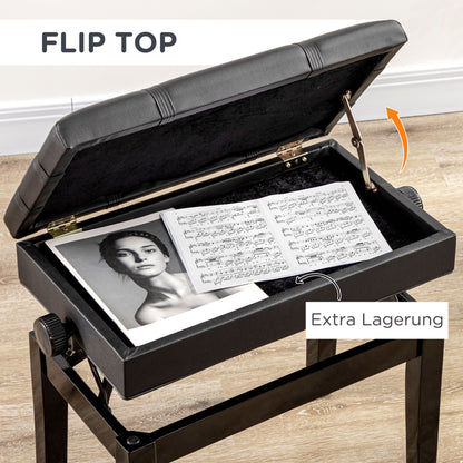 HOMCOM Klavierbank mit versteckten Stauraum, Sitzhocker, höhenverstellbar, Kunstleder, Schwarz