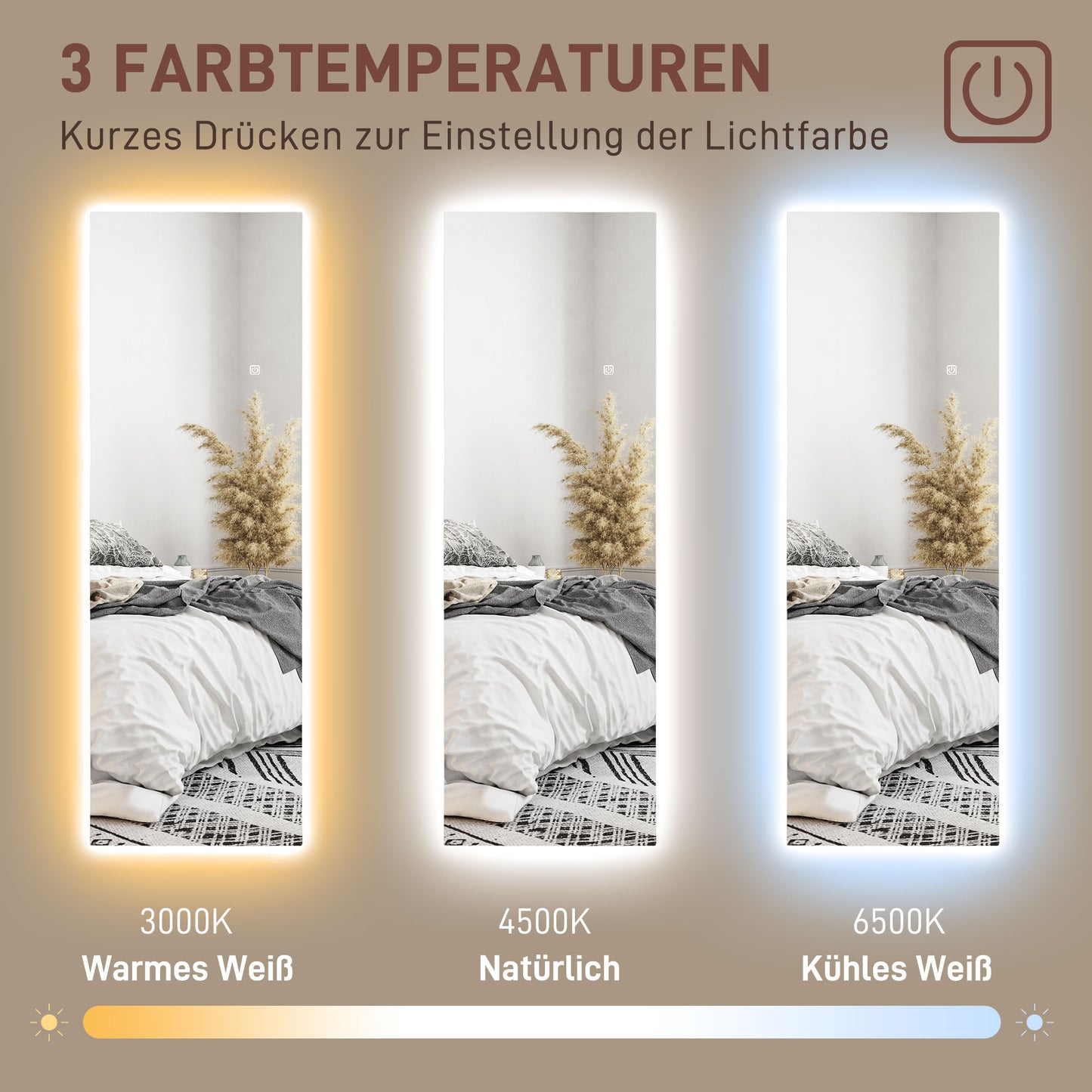 HOMCOM LED Ganzkörperspiegel, dimmbar, rahmenlos, Touch-Steuerung, 40 x 120 cm