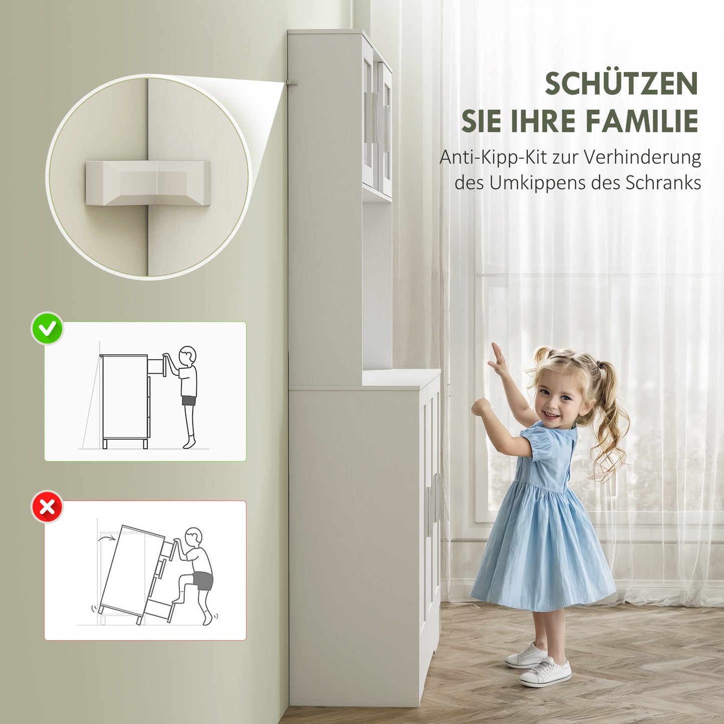 HOMCOM Küchenschrank, Skandinavisches Design, 4 Schränke, verstellbare Regale, Glastüren, offene Fläche, Spanplatte, MDF, Weiß