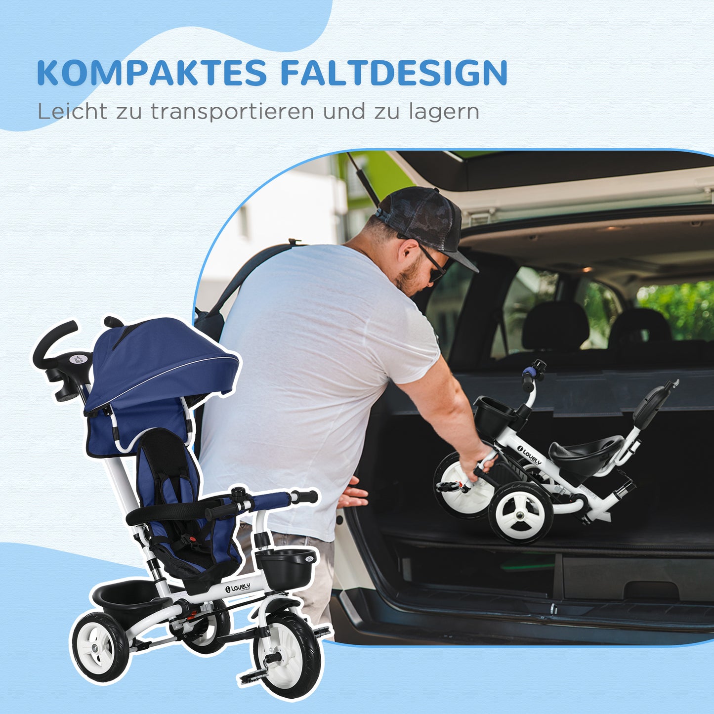 HOMCOM 6-in-1 Kinderdreirad mit Schiebestange, Dach, Gurt, Ablagekorb, 18+ Monate, Dunkelblau