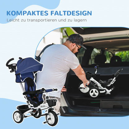 HOMCOM 6-in-1 Kinderdreirad mit Schiebestange, Dach, Gurt, Ablagekorb, 18+ Monate, Dunkelblau