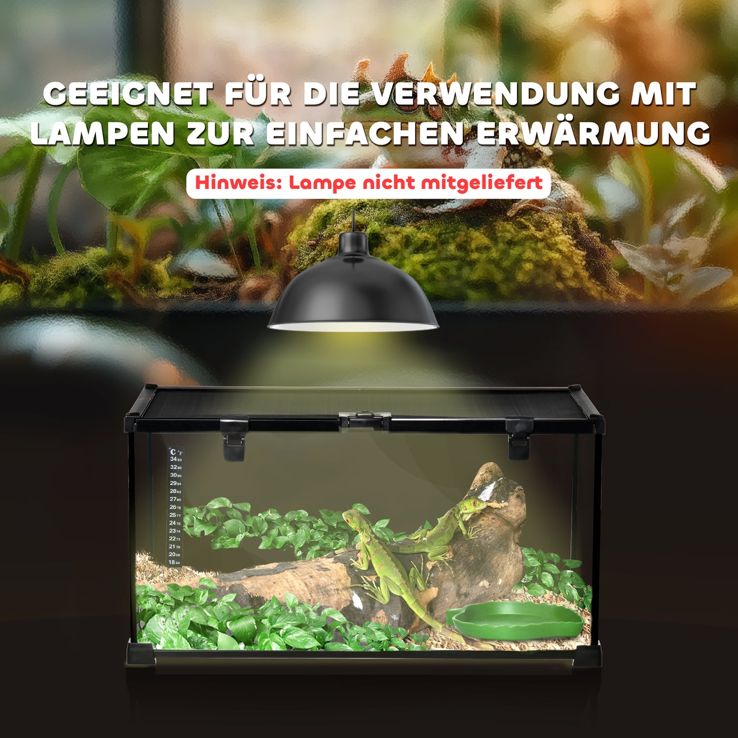 PawHut Reptilienbox Terrarium, inkl. Streifentermometer, Fütterungsklappen, 50 cm x 30 cm x 25 cm, Glas + Metall, Schwarz