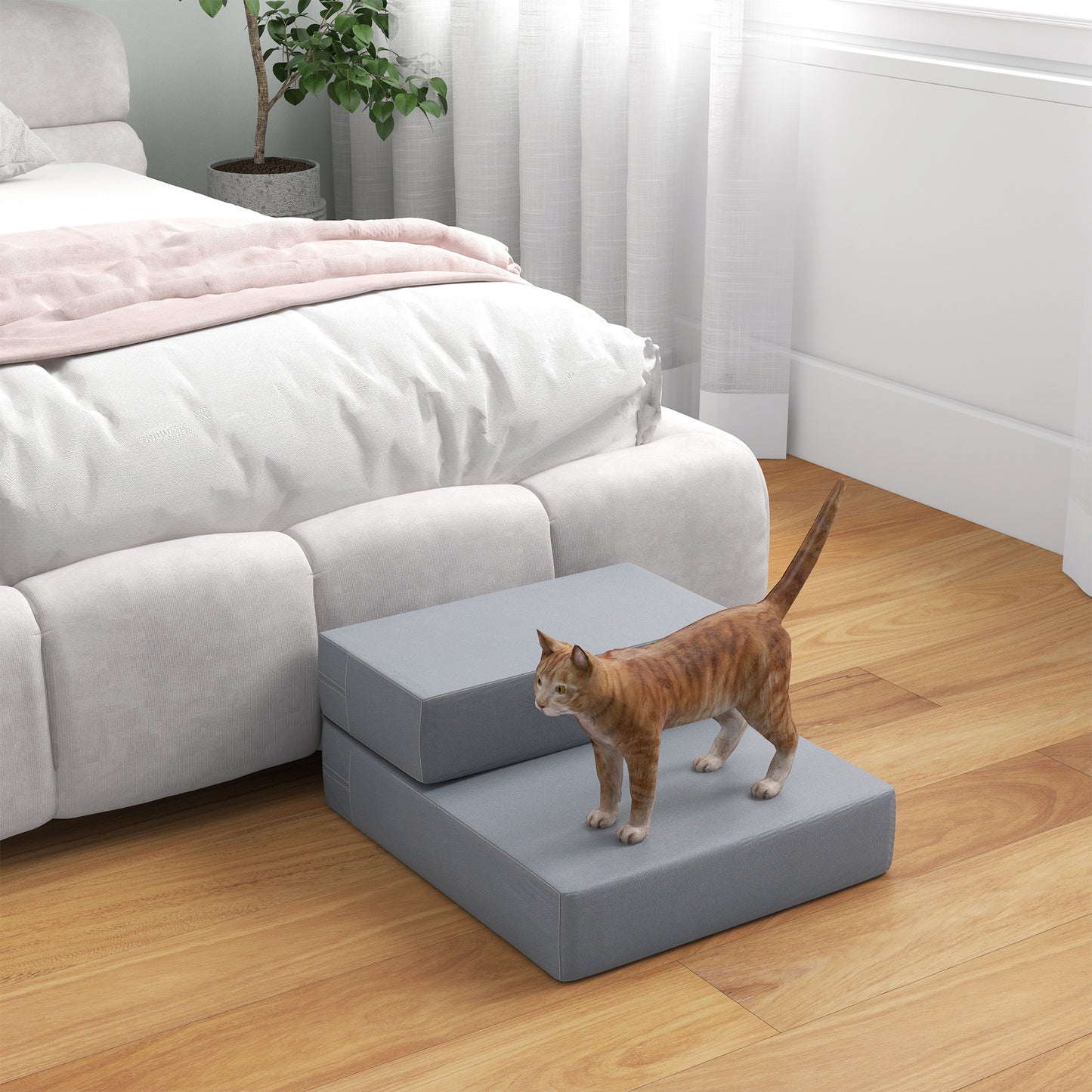 PawHut Haustiertreppe Tierunterlage 2 Stufen Klappbar bis 7 kg Hundetreppe Treppe Unterlage für Katzen und Hunde Grau L45 x B39 x H20 cm