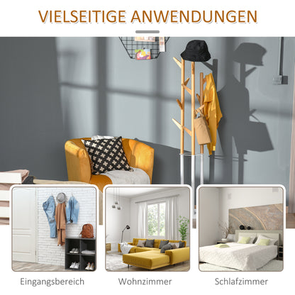 HOMCOM Garderobenständer, Kleiderständer mit 12 Haken und Schirmständer, Garderobe in Baumform, moderner Jackenständer für Kleidung, Hut, Tasche, für Wohnzimmer, Schlafzimmer, Bambus, Natur+Weiß