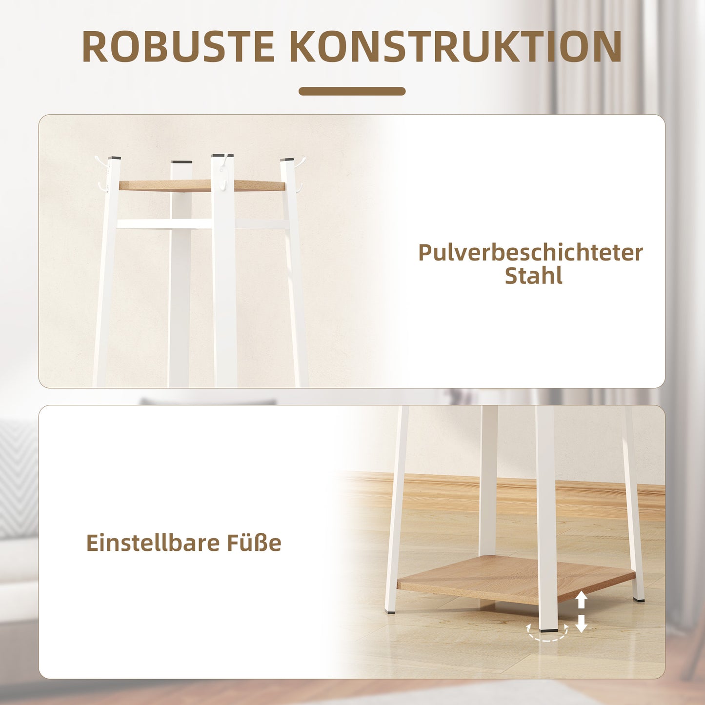 HOMCOM Kleiderständer, Trapez-Design, dreistufig, 8 Doppelhaken, Stahll, Weiß+Eiche