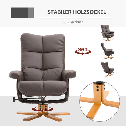 HOMCOM Relaxsessel mit Hocker, 360°drehbarer Fernsehsessel mit Liegefunktion Lesesessel für Schlafzimmer, Wohnzimmer, Kunstleder, Braun
