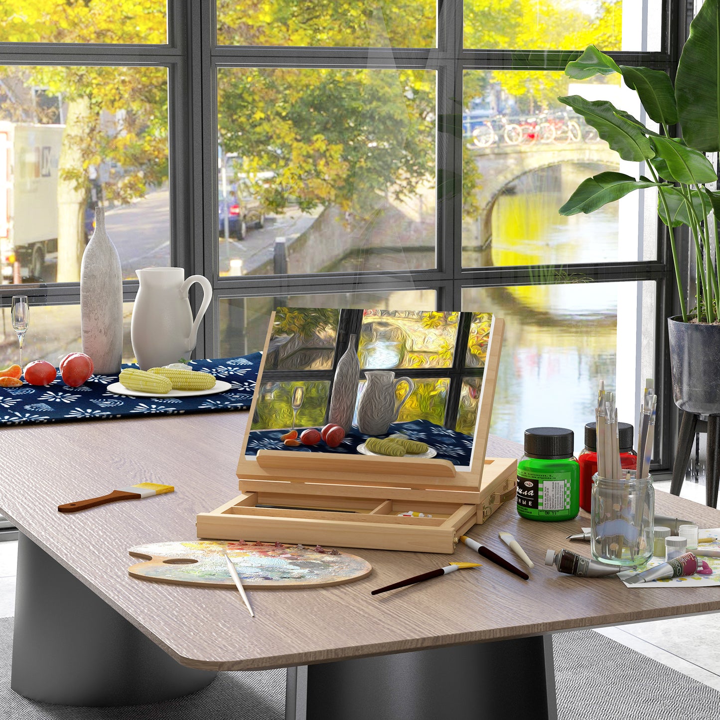 Vinsetto Tischstaffelei, kleine Staffelei, 1 Schublade, 3 Fächer, Massivholz, Natur