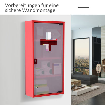HOMCOM Medizinschrank aus Stahl Arzneischrank zur Medikamenten-Aufbewahrung, Abschließbar Apothekerschrank mit 4 Fächer, Glastür, 60 x 30 x 12 cm, Rot