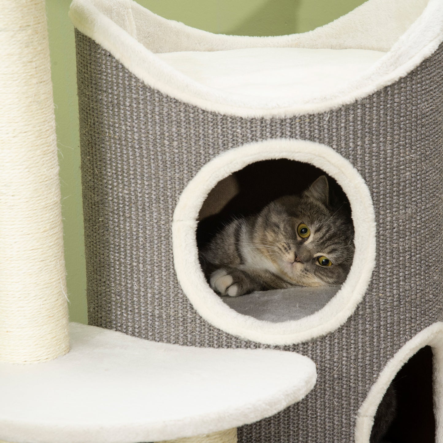 PawHut Kratzbaum mit Katzenbett u. Kratztonne für Katzen, 60 cm x 44,5 cm x 109 cm, Grau + Natur + Weiß