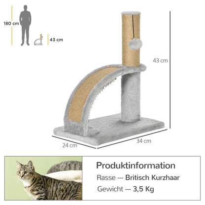 PawHut Katzenkratzbaum, Jutebespannung, hängende Kugel mit Glocke, Kratzbrett, 34L x 24B x 43H cm, Grau