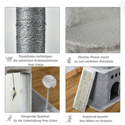 PawHut Kratzbaum Katzenbaum Deckenhoch Kletterbaum mit Katzenspielzeug Sisal Plüsch Hellgrau höhenverstellbar 60 x 40 x 225-255 cm