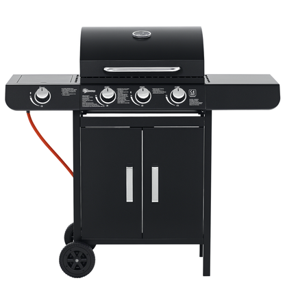 Outsunny Gasgrill mit 3 Hauptbrennern + 1 Seitenbrenner, Ablage, rostfreier Stahl, schwarz, 110 x 50 x 100 cm