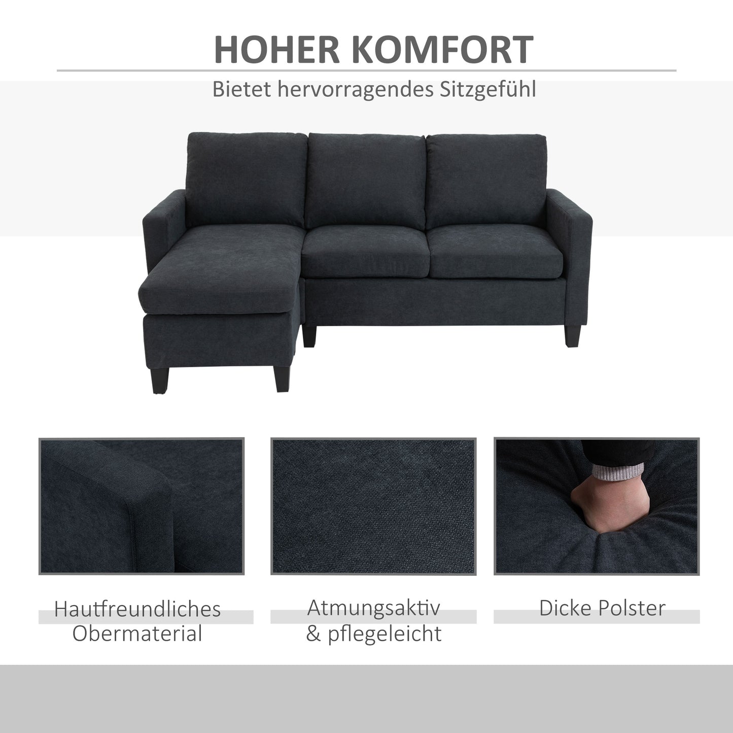 HOMCOM Ecksofa, Couchgarnitur, mit wendbarer Chaiselongue, 197 x 139 x 91cm, dunkelgrau