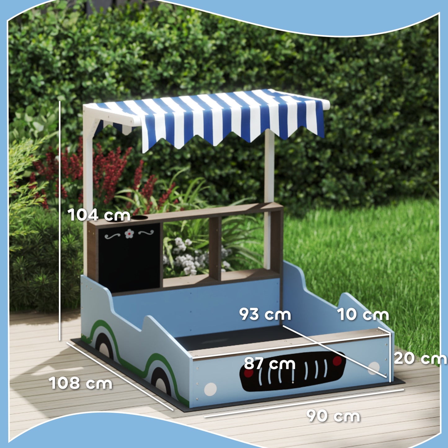 AIYAPLAY Sandkasten mit Vordach, Einkaufsladen-Design, Sitzbank, Zeichentafel, Tannenholz, 104H x 108L x 90B cm, Blau