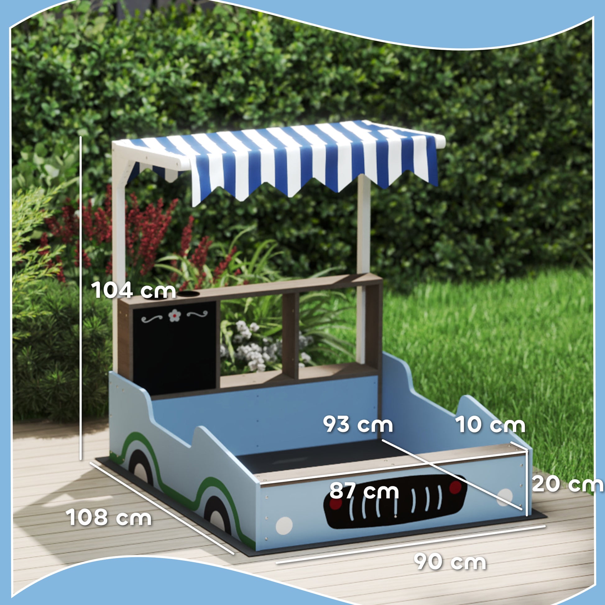 AIYAPLAY Sandkasten mit Vordach, Einkaufsladen-Design, Sitzbank, Zeichentafel, Tannenholz, 104H x 108L x 90B cm, Blau