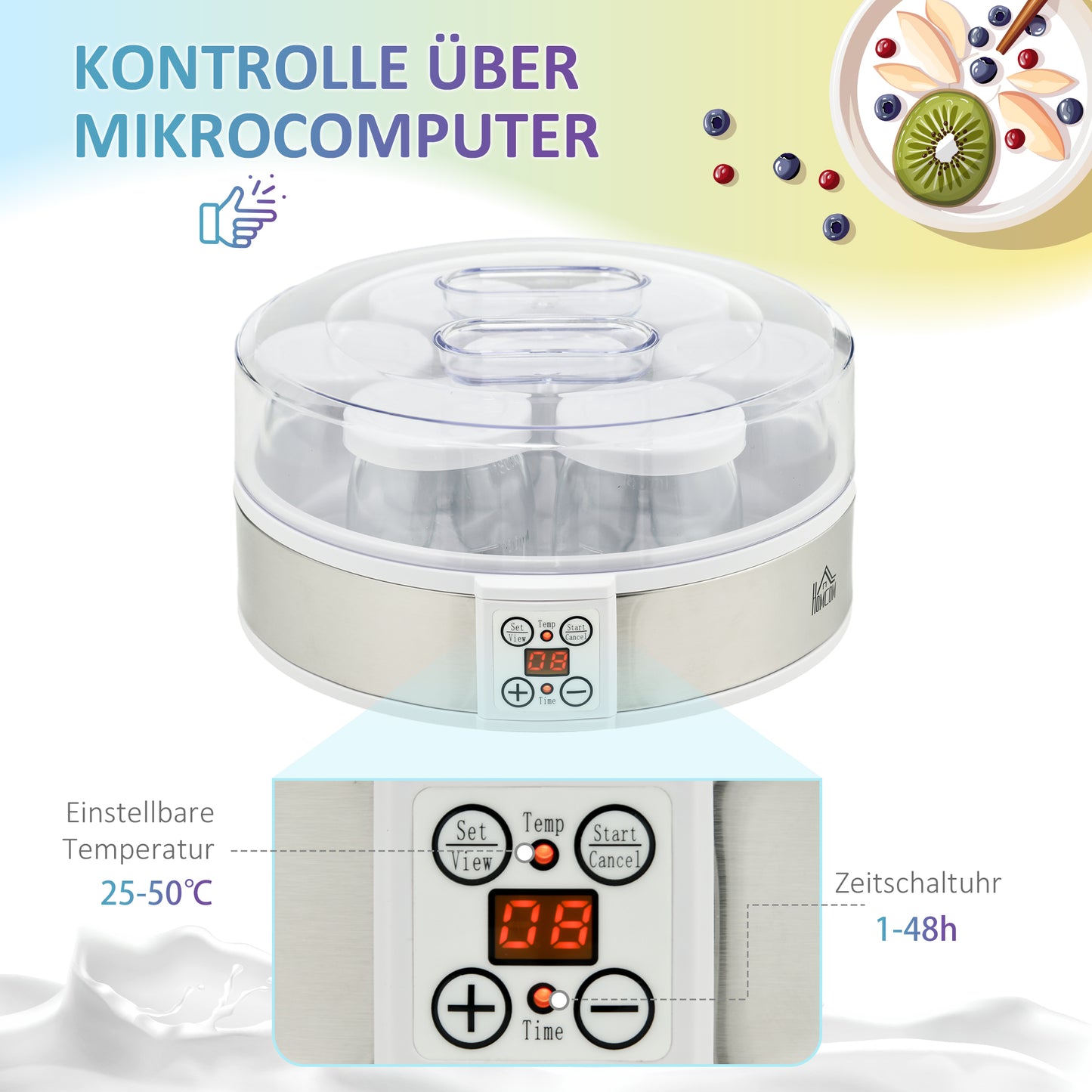 HOMCOM Joghurtbereiter Joghurtmaschine, inkl. 7 Gläsern, Edelstahl, 24 cm x 24 cm x 13 cm, Silber + Weiß