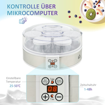 HOMCOM Joghurtbereiter Joghurtmaschine, inkl. 7 Gläsern, Edelstahl, 24 cm x 24 cm x 13 cm, Silber + Weiß