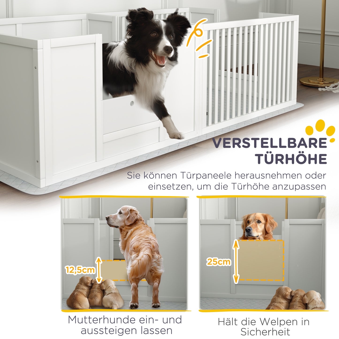 PawHut Wurfbox für Welpen, mit Unterlage, Leicht zu reinigen, Holz, 166x80x50 cm, Weiß